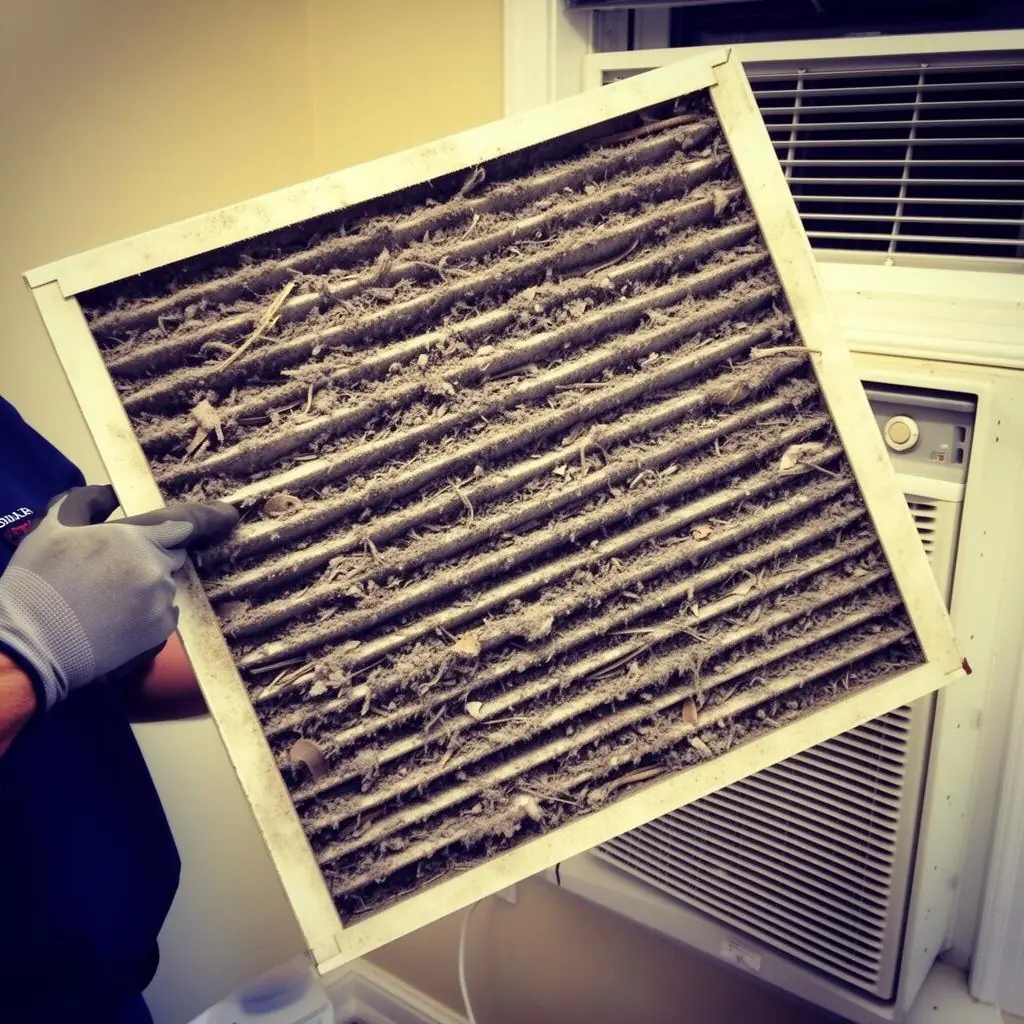 Clogged dirty air filter pulled from a Baltimore MD home AC system