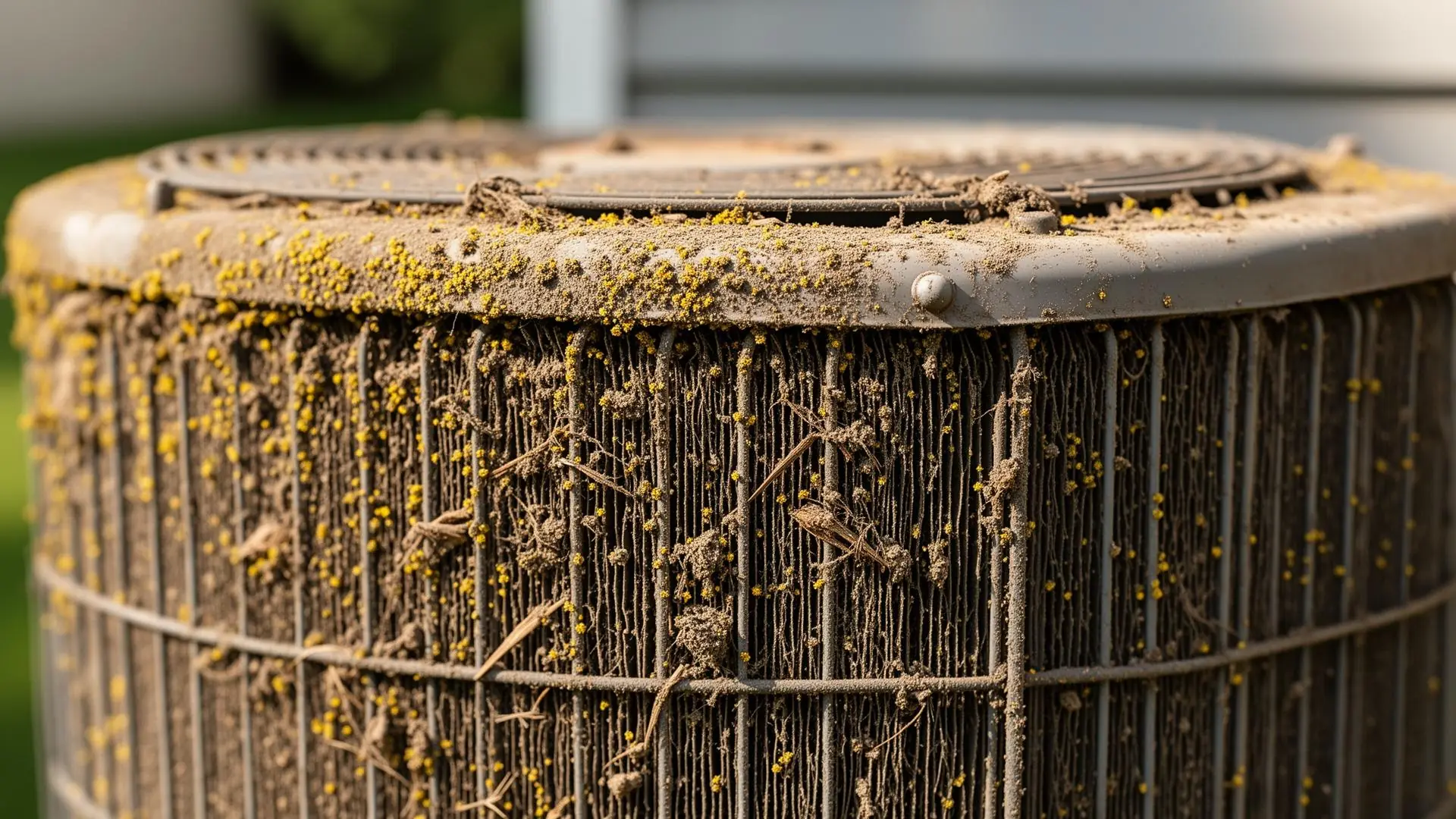 Dirty AC condenser coil packed with maple seeds and yard debris at a Baltimore MD rowhouse